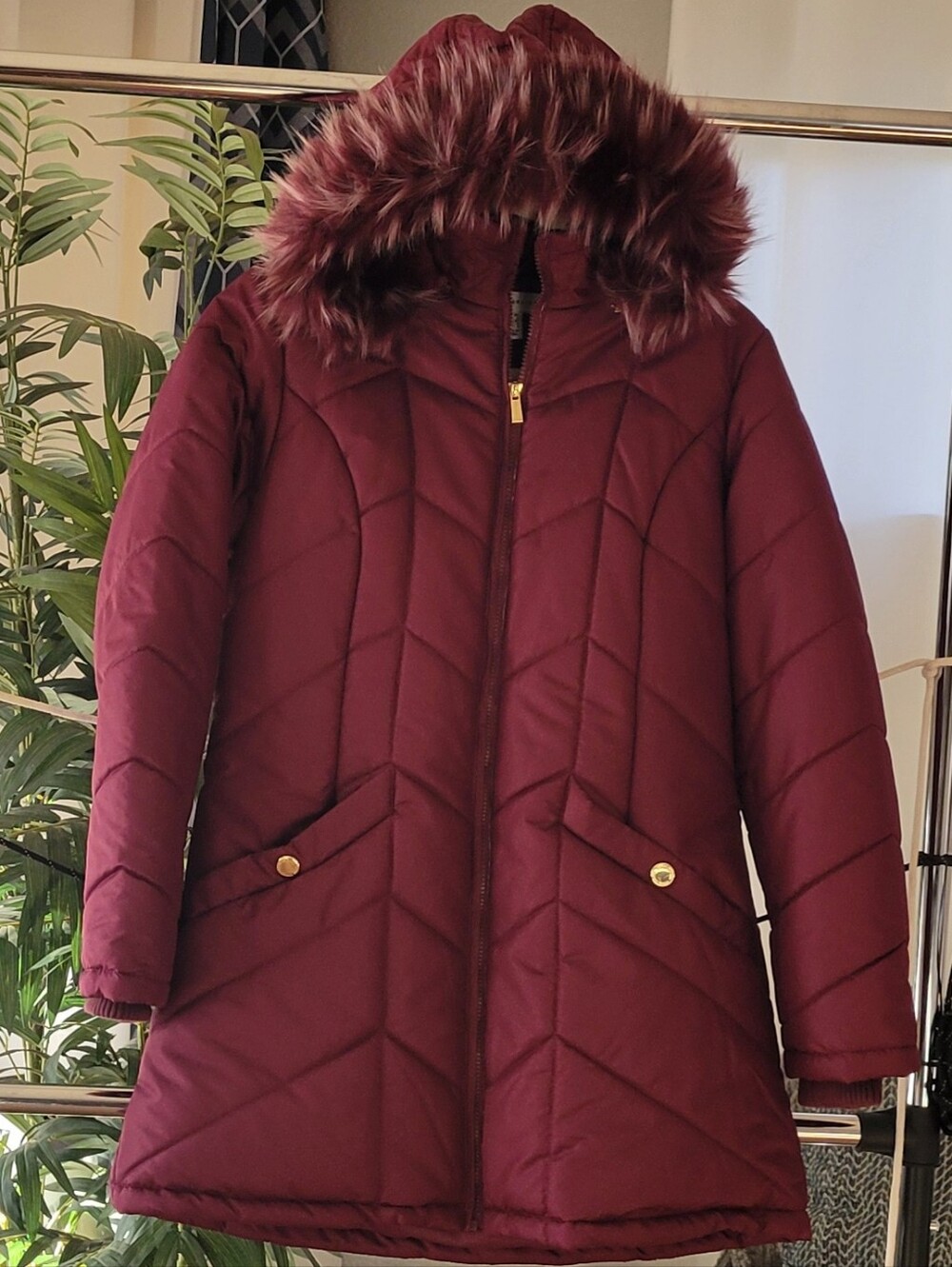 Susan Graver Quilted Hooded Puffer Coat with Faux Fur Trim - Burgundy
